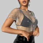 Rhinestone Fishnet Plaid T-Shirt - Sheer Bikini Cover-Up