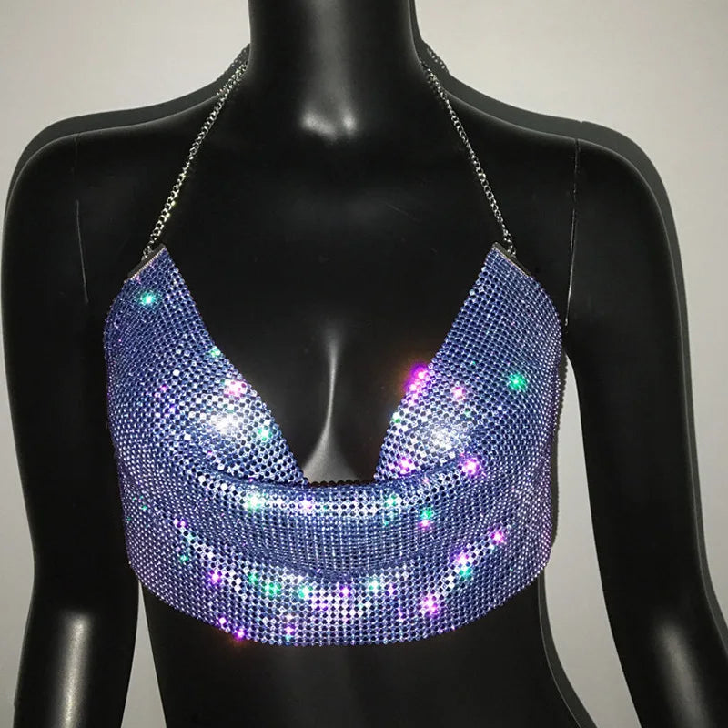 Shiny Rhinestone Deep V-Neck Crop Top - Backless Party Camisole