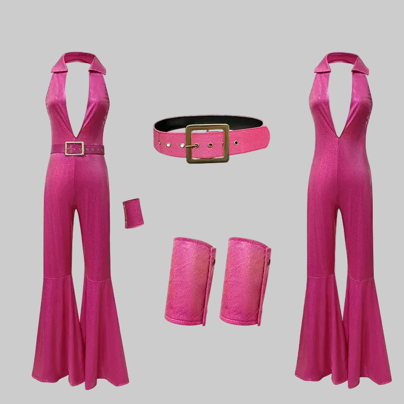 70s Disco Bell-Bottom Jumpsuit - Deep V-Neck Performance Bodysuit
