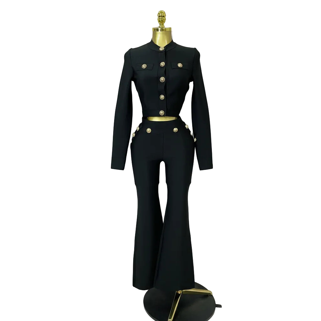 Golden Button Coat & Flare Pants | 2-Piece Stage Set