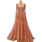 Crystal Beaded Square Neck Gown | Long Sleeve | 4 Colors