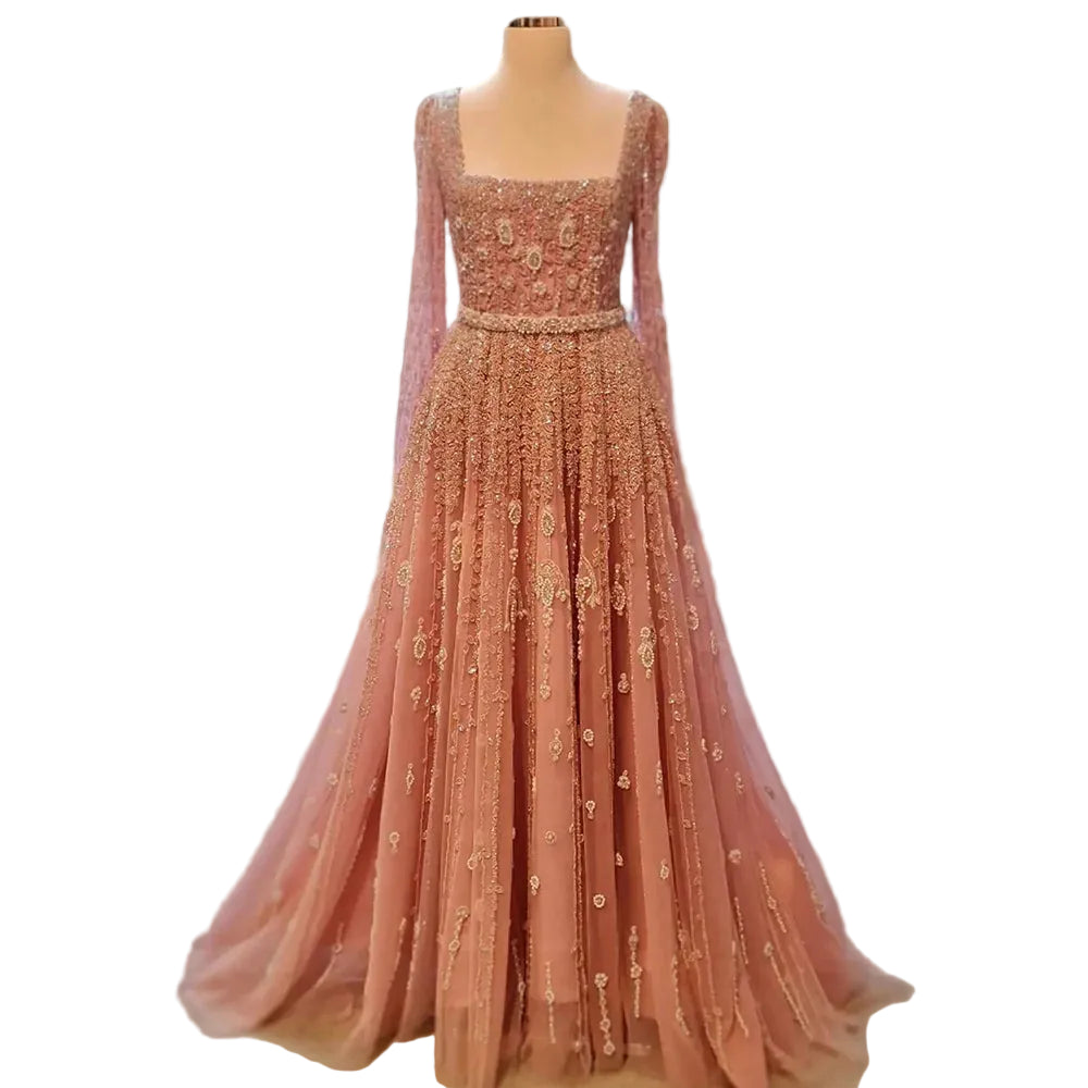 Crystal Beaded Square Neck Gown | Long Sleeve | 4 Colors
