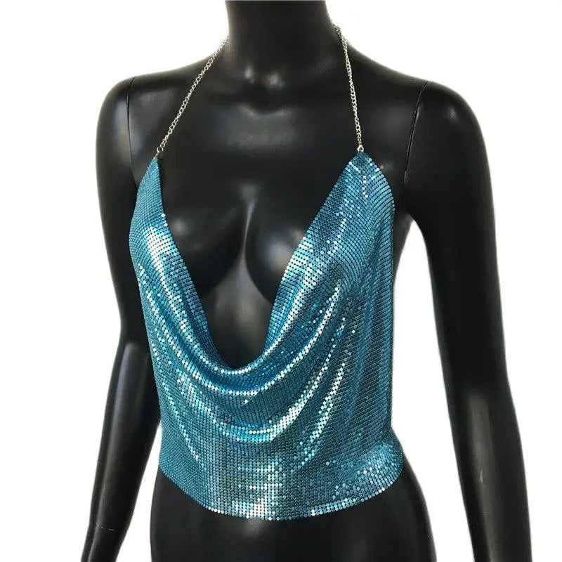 Metallic Sequin Crop Tank - Backless Performance Top