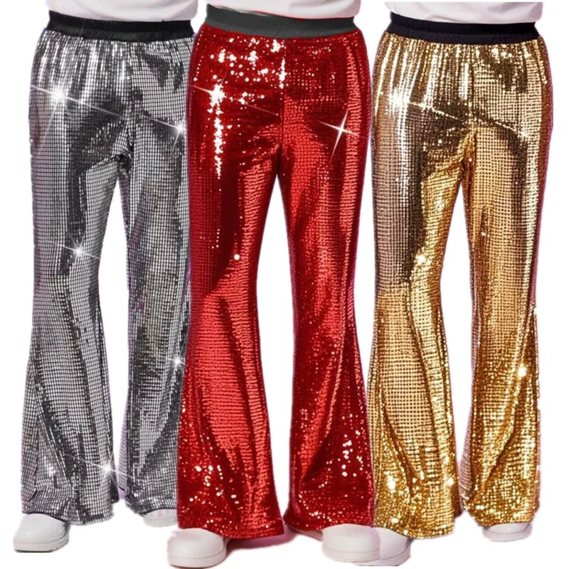 Men's Sequin Flare Pants | Elastic Waist | Stage & Party