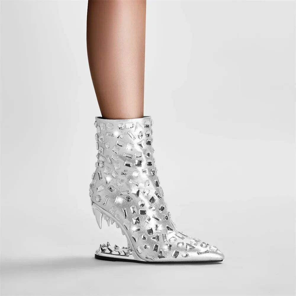 Flame Rhinestone Velvet Ankle Boots - Crystal Wedge Heel Boots