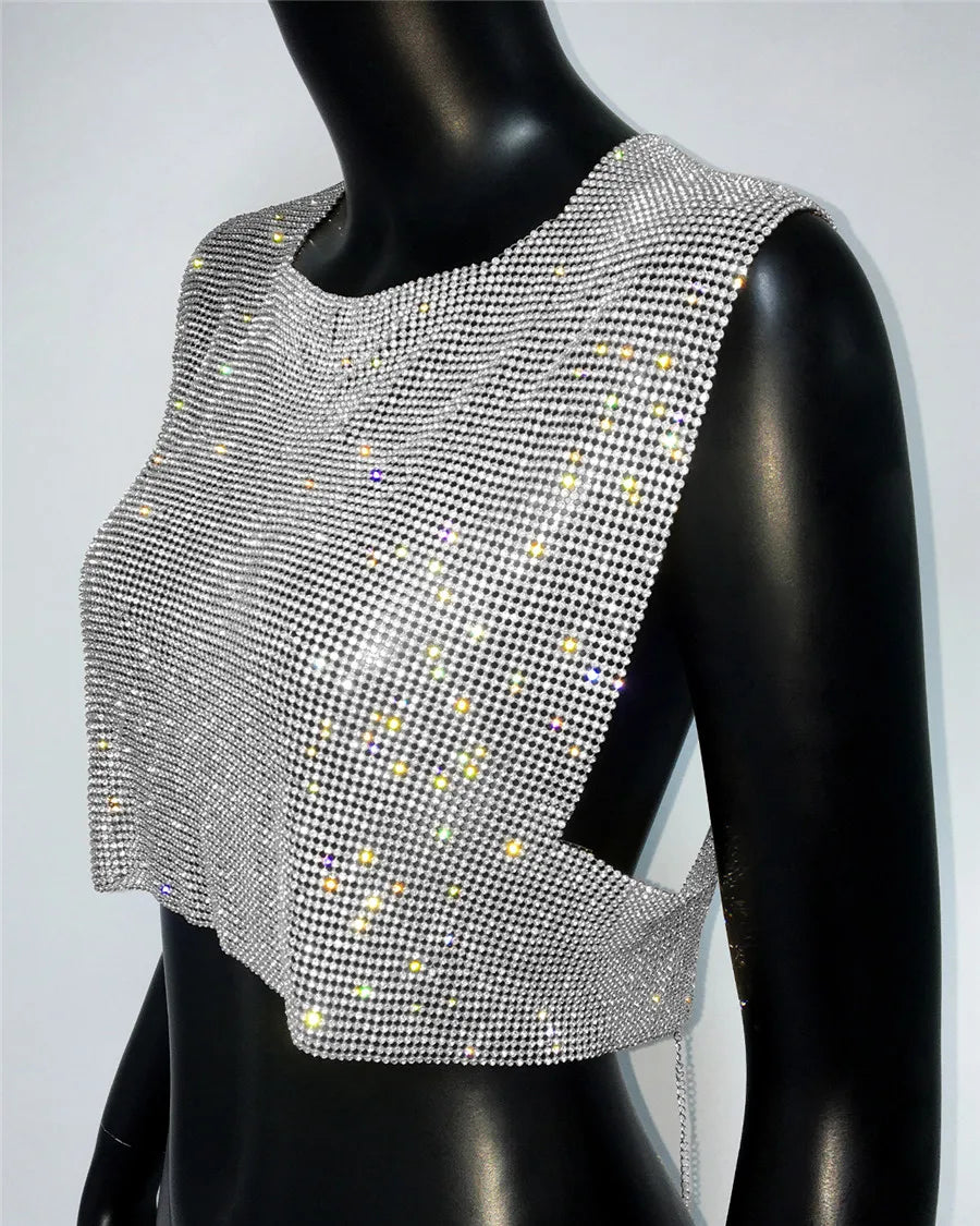 Rhinestone Backless Camisole - Sequin Metal Tank Top