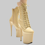 "Sky-High Stiletto" Extreme Patent Platform Lace-Up Ankle Boots - 20cm Heel, Nude/Beige