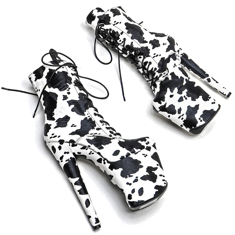 Cow Print Platform Pole Dance Boots – 8-Inch High Heel Stage Shoes