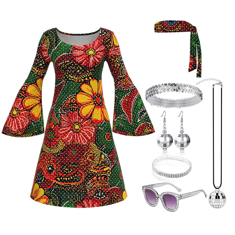 Women's Hippie Costume Set | 7-Piece | 60s 70s Disco Dress