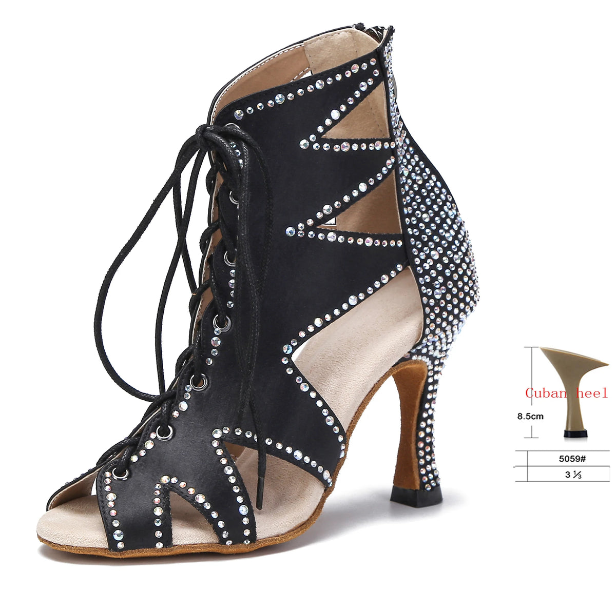 Rhinestone Lace-Up Latin Dance Booties | Black, Red, White & Nude | 6–9cm Heel
