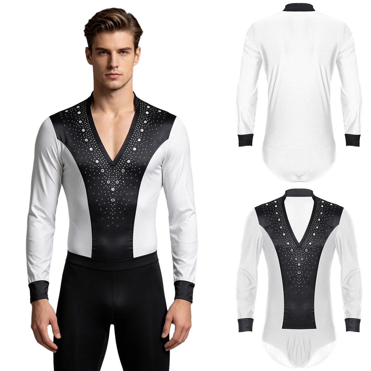 Men's Rhinestone Dance Leotard | V-Neck & Satin Collar | Long Sleeve