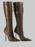 Mesh Lace-Up Knee-High Boots - Pointed Toe Stiletto Heels for Stage & Performance
