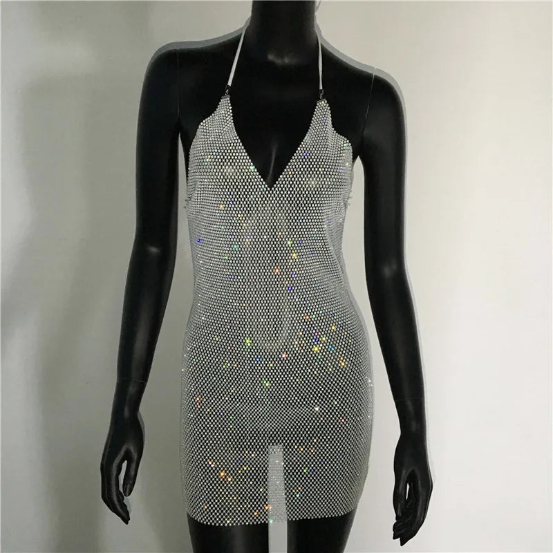 Rhinestone Sequin Metal Halter Mini Dress