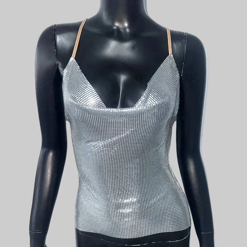 Sequin Bandage Off-Shoulder Camisole - V-Neck Tank Top