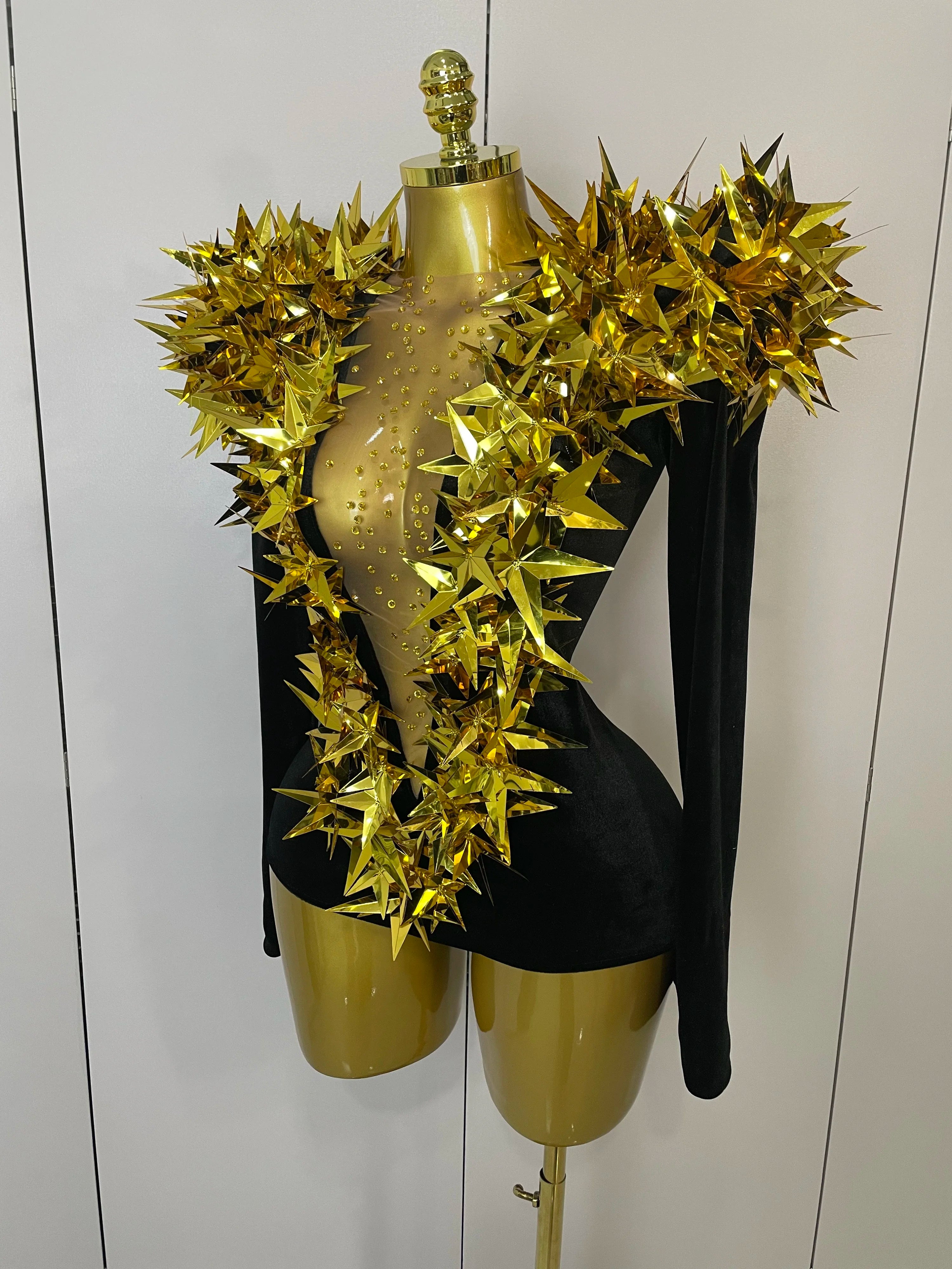 3D Gold Leaf Spike Bodysuit | Velvet Long Sleeve | Stage & Performance