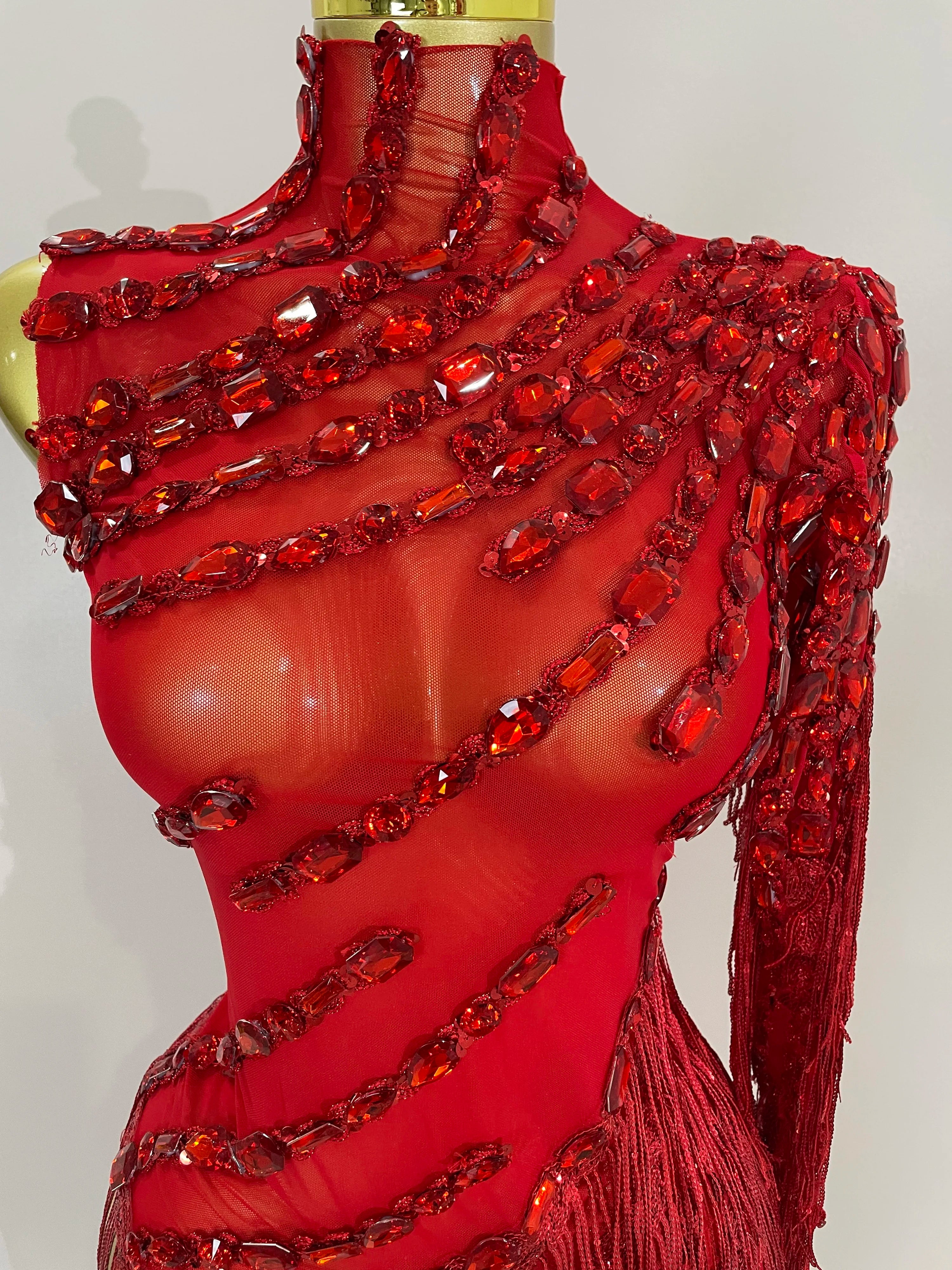 Rhinestone Tassel One-Shoulder Mini Dress | Sheer Mesh | Red, Black & Gold