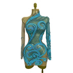 3D Swirl Appliqué Long-Sleeve Mini Dress | Turtleneck | Sky Blue