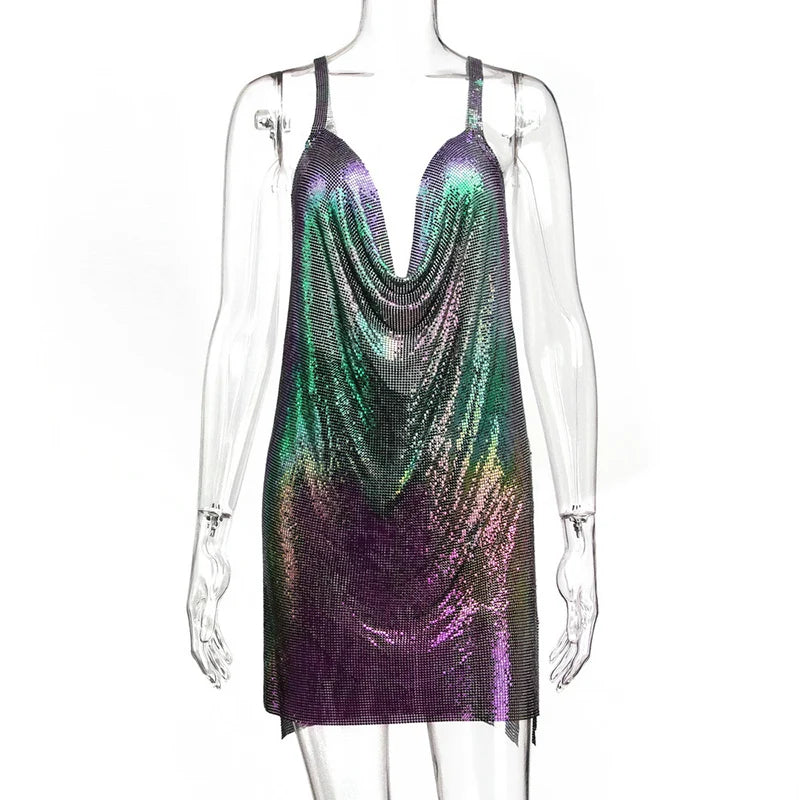 Sparkly Metal Sequin Halter Mini Dress - Backless Side Split Party Dress