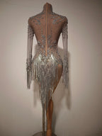 Rhinestone Tassel See-Through Stage Dress | S–XL