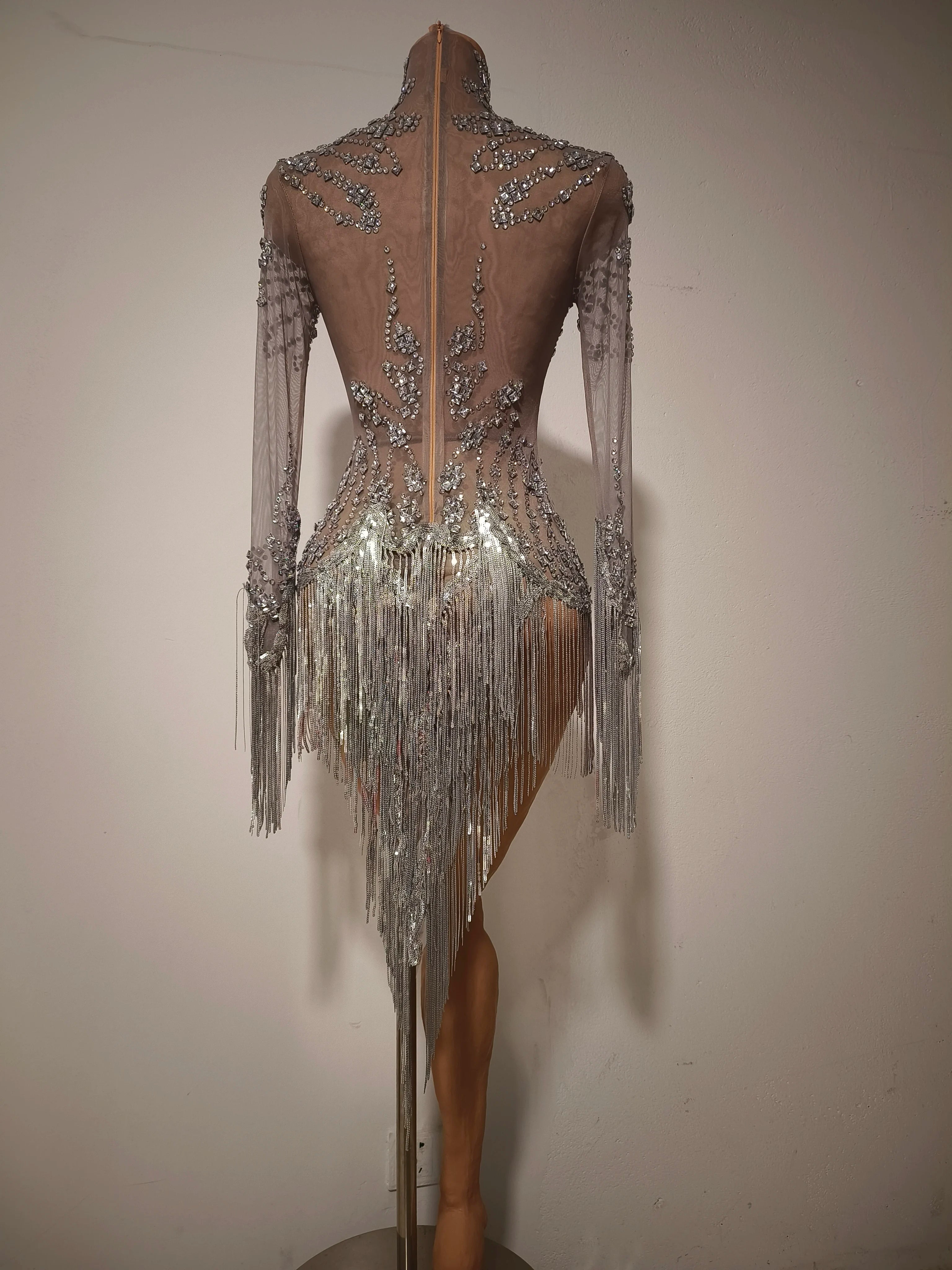 Rhinestone Tassel See-Through Stage Dress | S–XL