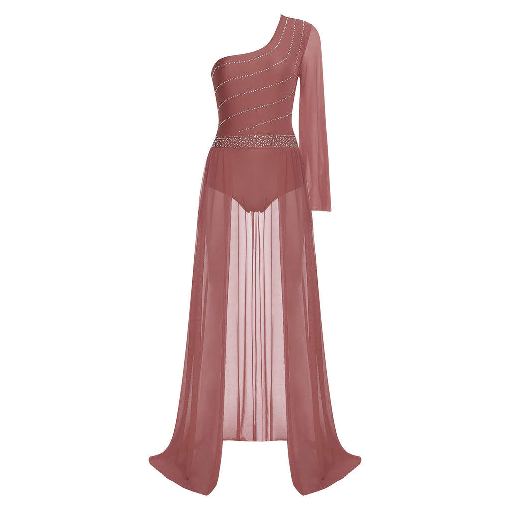 Women's Rhinestone One-Shoulder Lyrical Dance Dress | Flared Sleeve & Open-Front Mesh Maxi Skirt