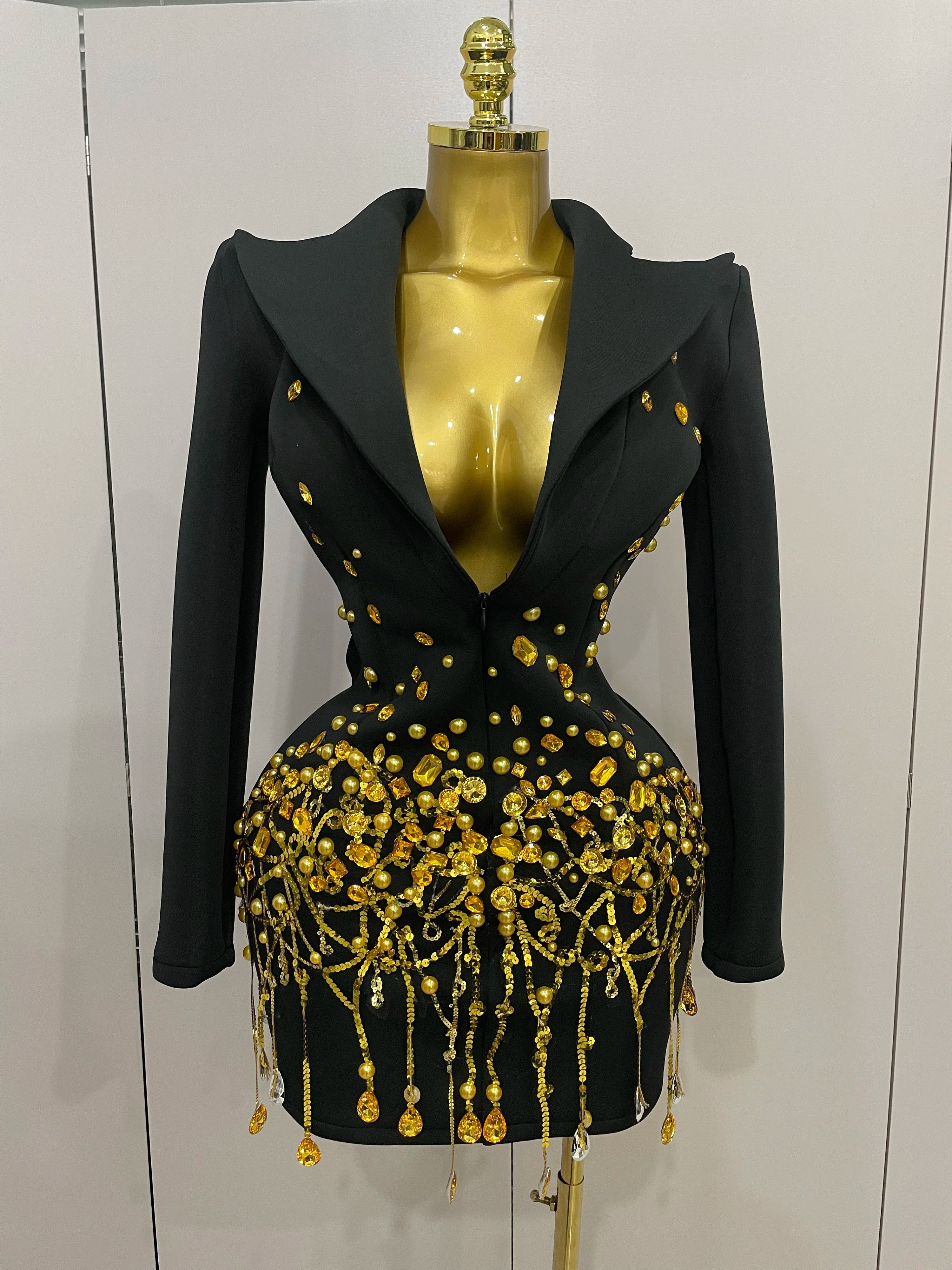 Deep V Blazer Mini Dress | Crystal Fringe Hem | Long Sleeve