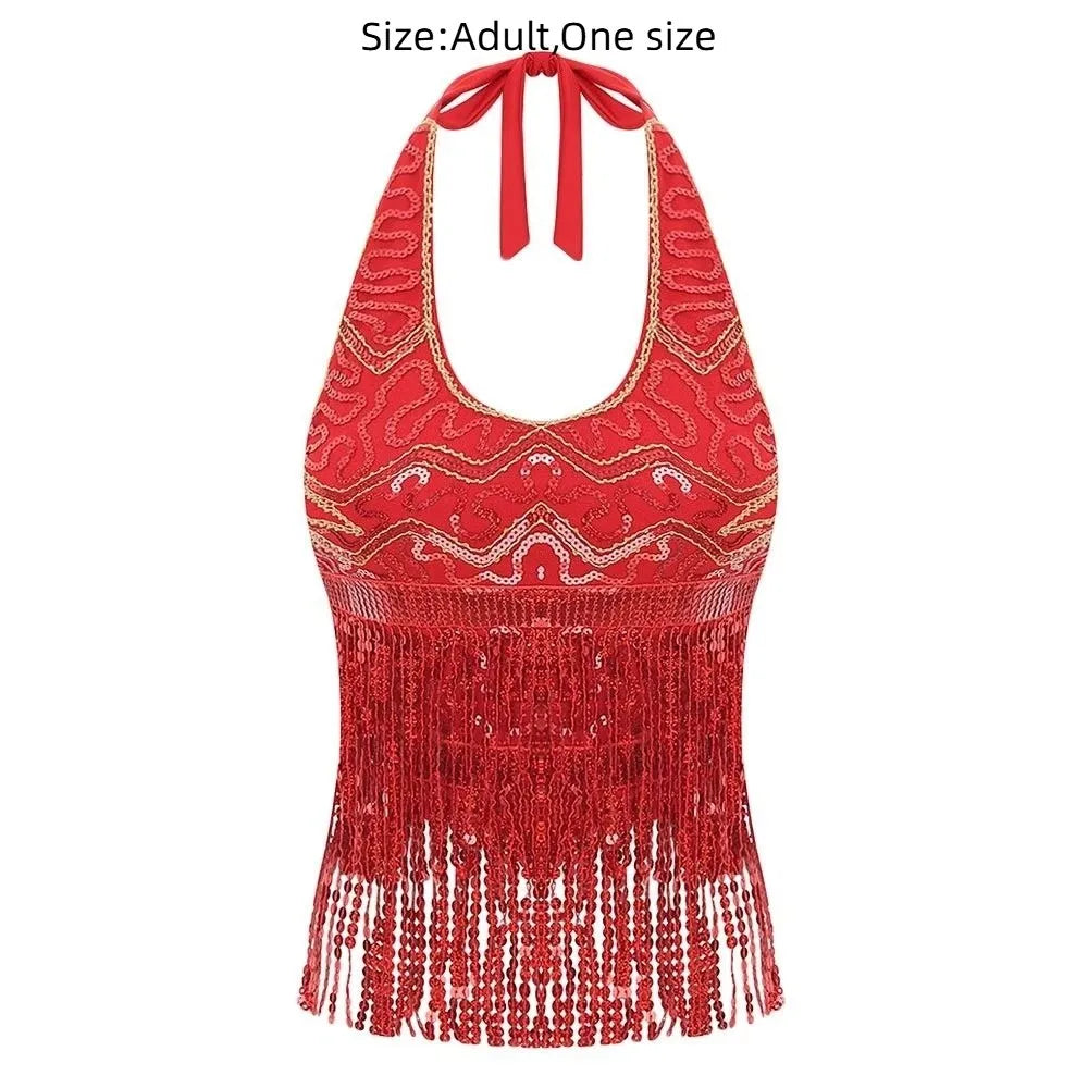 Sequin Fringe Halter Belly Dance Top | Built-In Pads | Festival & Stage | One Size
