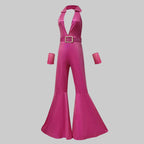 70s Disco Bell-Bottom Jumpsuit - Deep V-Neck Performance Bodysuit