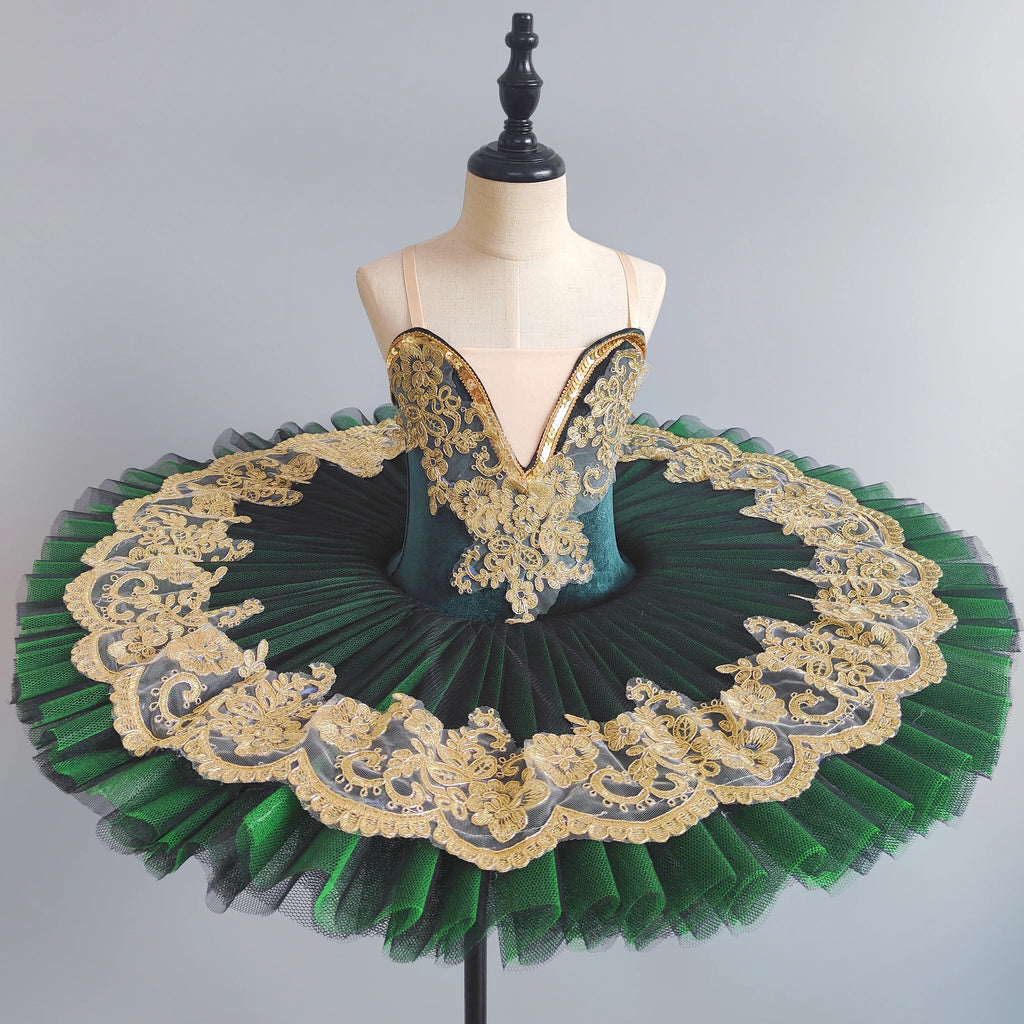Professional Pancake Ballet Tutu | Gold Lace | Green & Purple