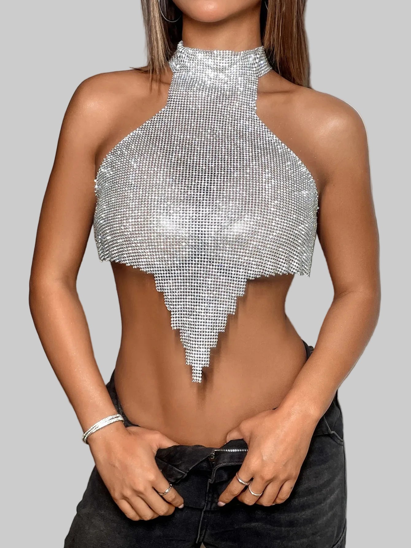 Rhinestone Metal Halter Crop Top - Backless Chain Tank