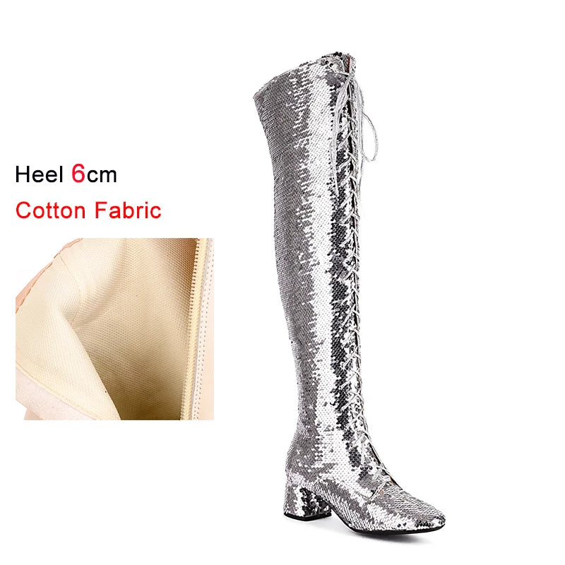 Glitter Sequin Over-the-Knee Boots | Lace-Up | 6cm Block Heel