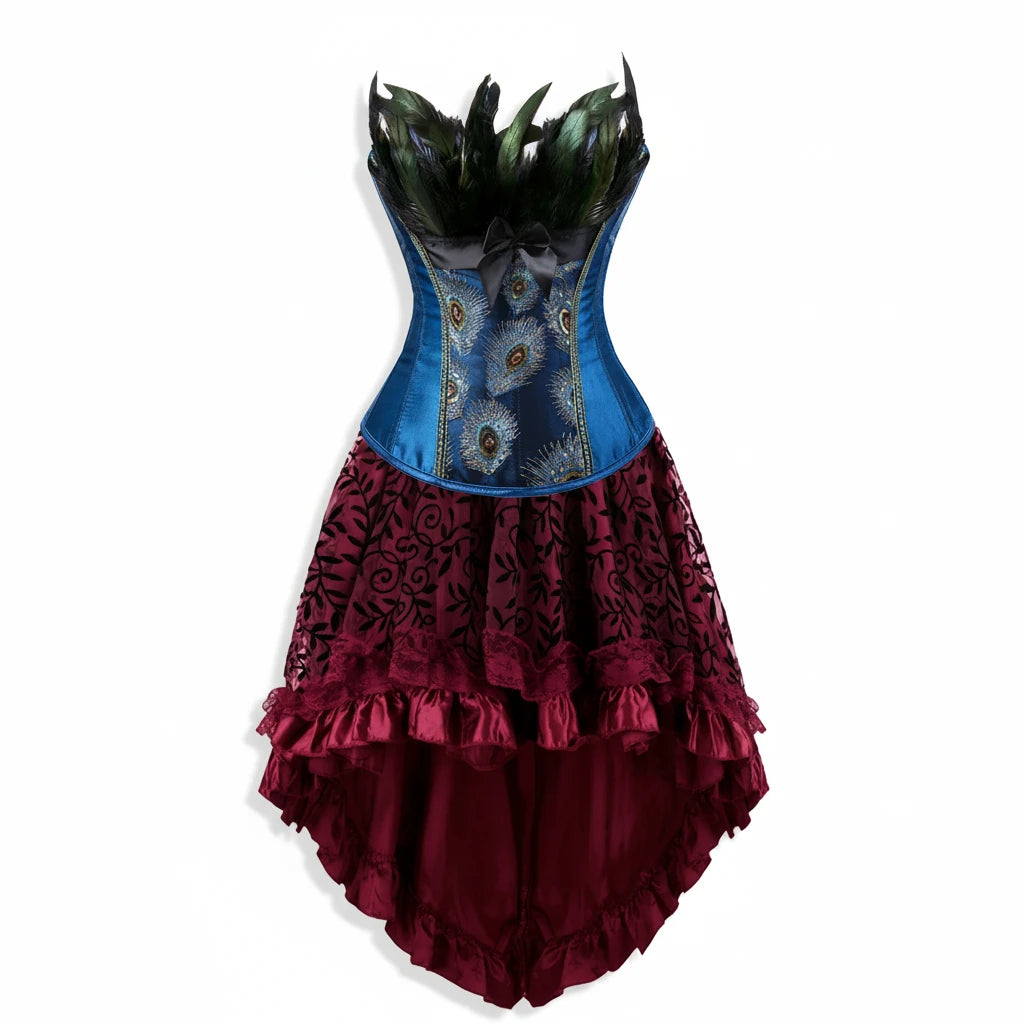 Peacock Brocade Overbust Corset Dress | Feather Trim & Hi-Low Lace Skirt | Gothic & Steampunk | XXS–7XL