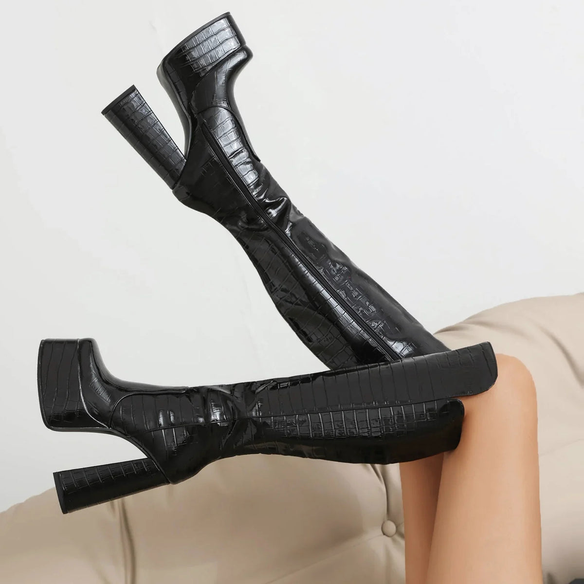 Knee-High Platform Boots | Croc-Effect | 14cm