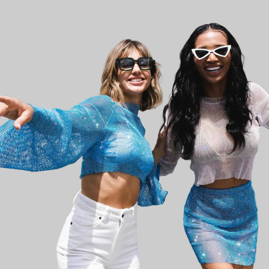 Rhinestone Fishnet Long Sleeve Crop Top - Sheer Mesh Party Top