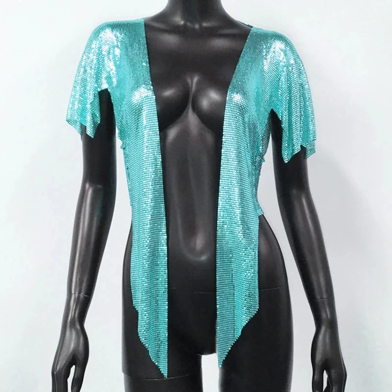 Metal Sequin Crop Cardigan - V-Neck Festival Performance Top