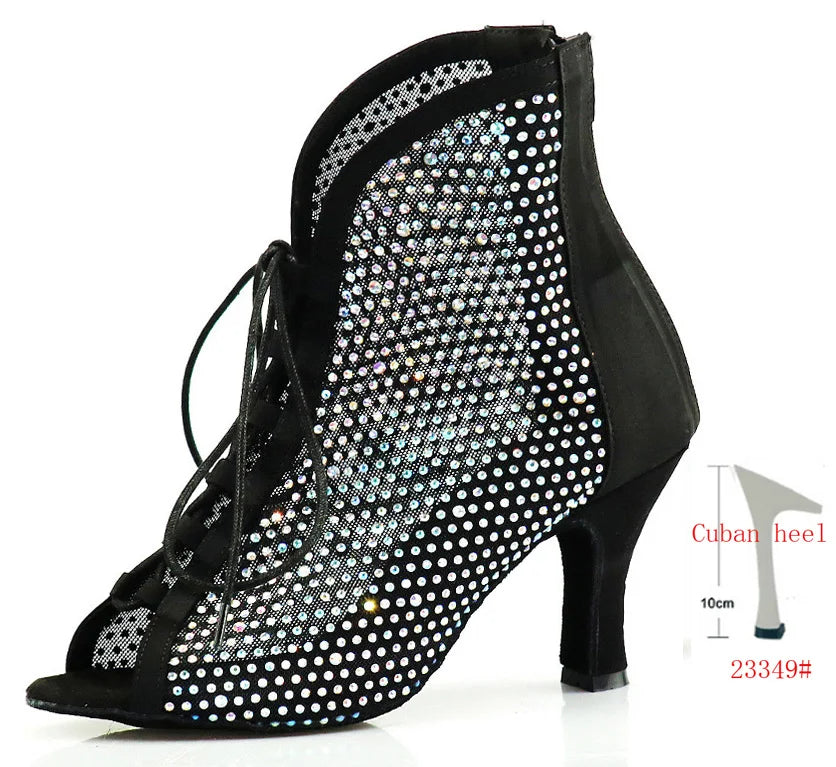 Rhinestone Latin Dance Boots | Black Mesh & Satin | Cuban Heel