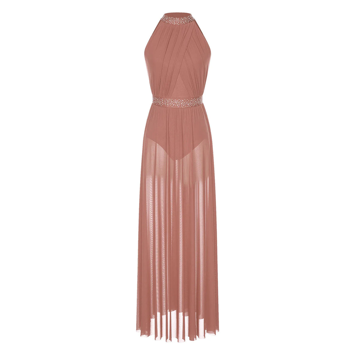 Women's Spaghetti Strap Lyrical Dance Dress | Built-In Leotard & Sheer Mesh Maxi Skirt | Front Slit