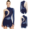 Rhinestone Sheer Mesh Long Sleeve Figure Skating Dress | Open Back | Color Block | Lyrical