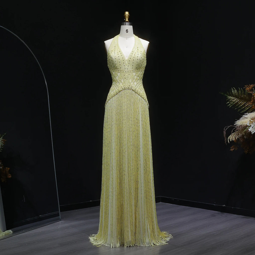 Yellow Beaded Tassel Mermaid Gown | Halter V-Neck | Floor-Length