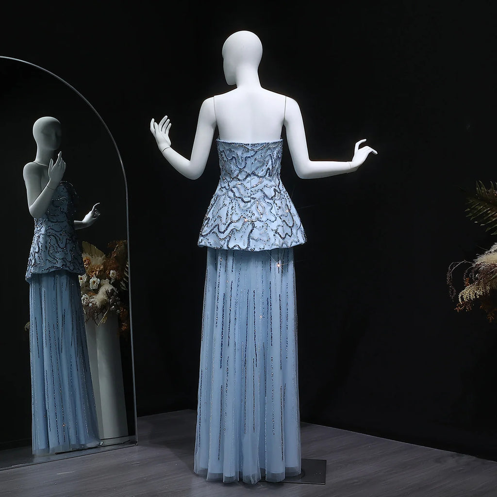 Two-Piece Peplum Gown | Beaded Strapless | Blue & Rose Pink