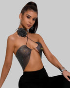 Rhinestone Fishnet Halter Bra with 3D Flower Choker - Gothic Mesh Set