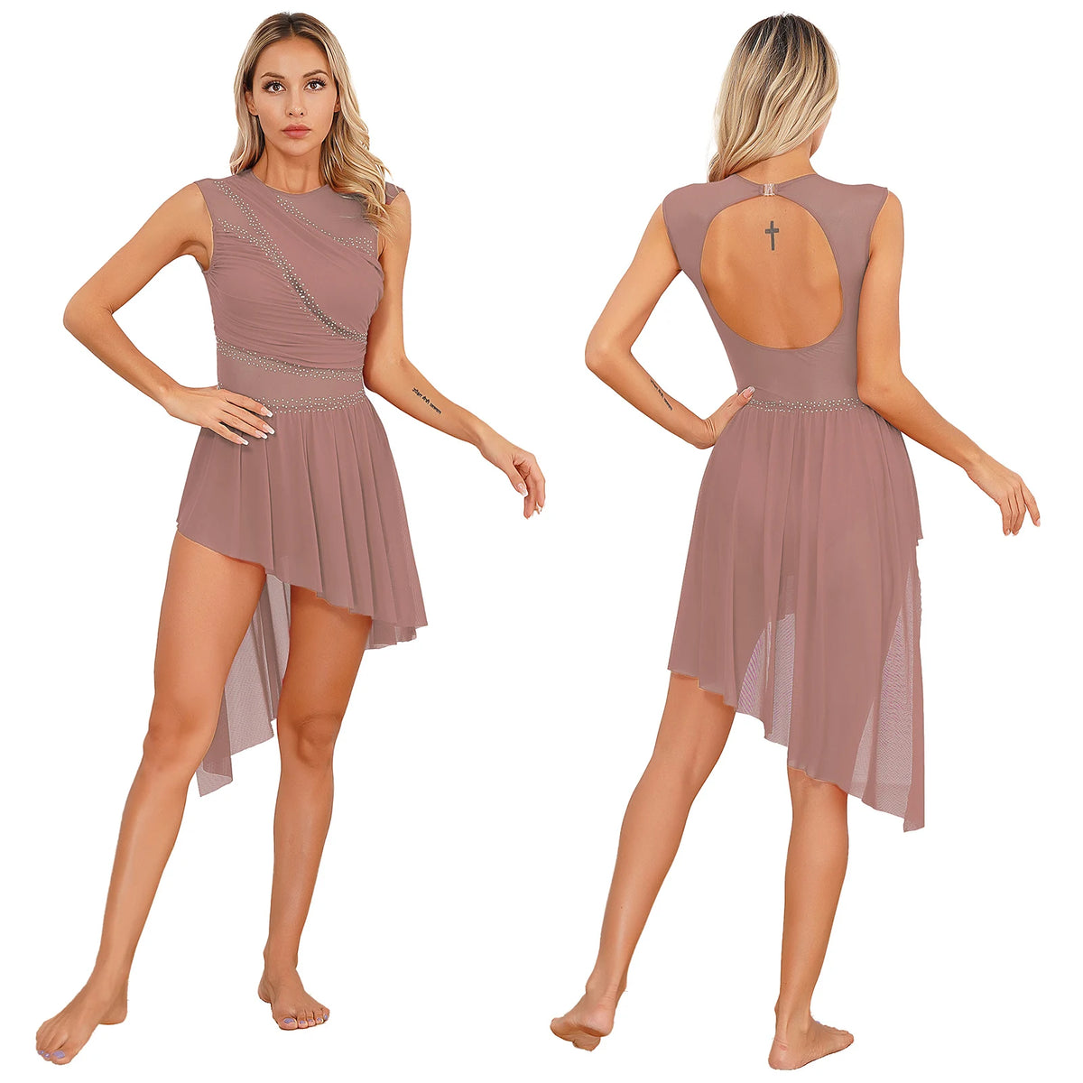 Dance Leotard Dress | Rhinestone Mesh Overlay