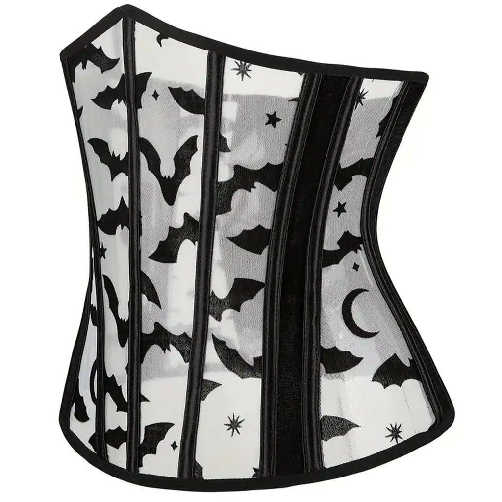 Gothic Bat Print Mesh Corset | Boned Waist Cincher | Black