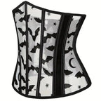 Gothic Bat Print Mesh Corset | Boned Waist Cincher | Black