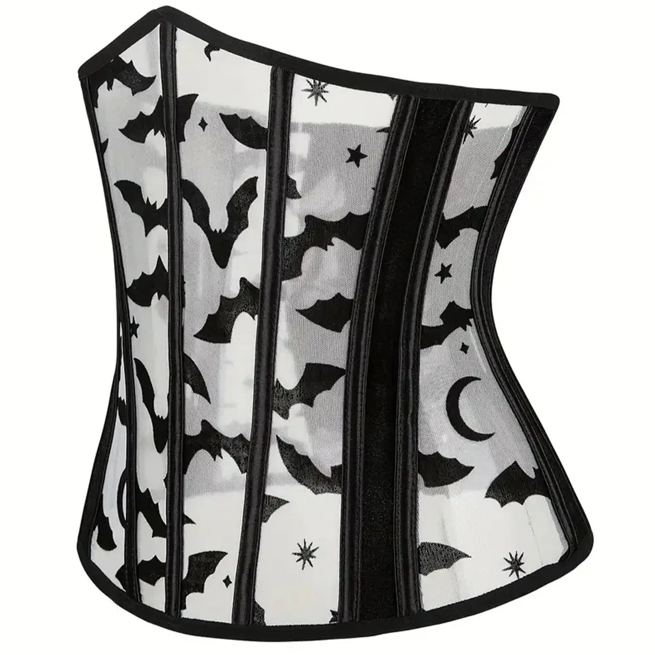 Gothic Bat Print Mesh Corset | Boned Waist Cincher | Black