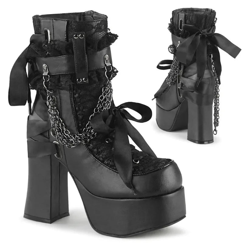 Gothic Chain Platform Ankle Boots | Lace-Up & Bow | Black & Red
