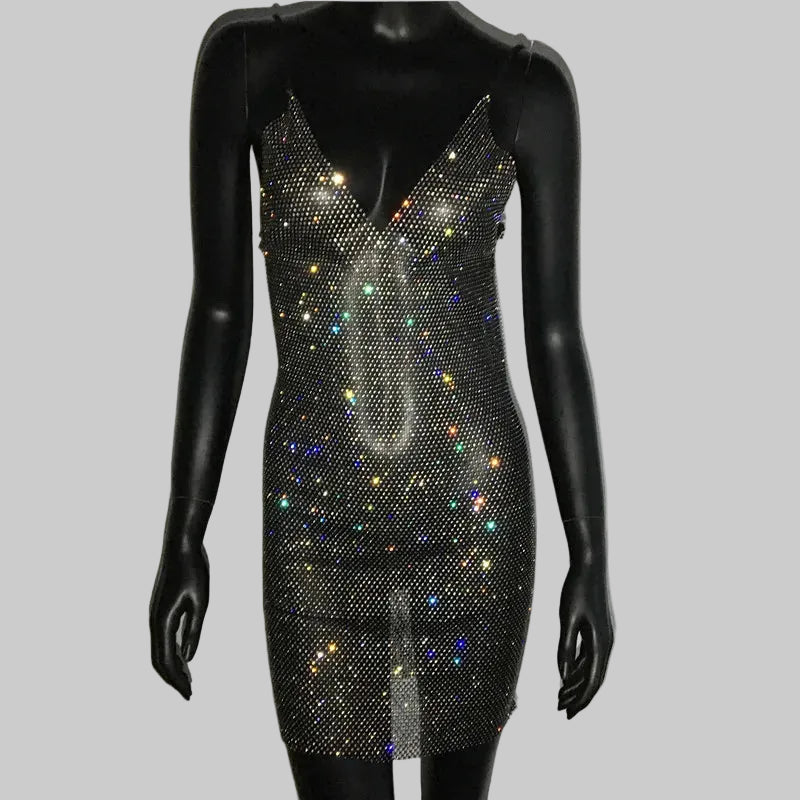 Diamond Fishnet Mini Dress - Sheer V-Neck Backless Dress