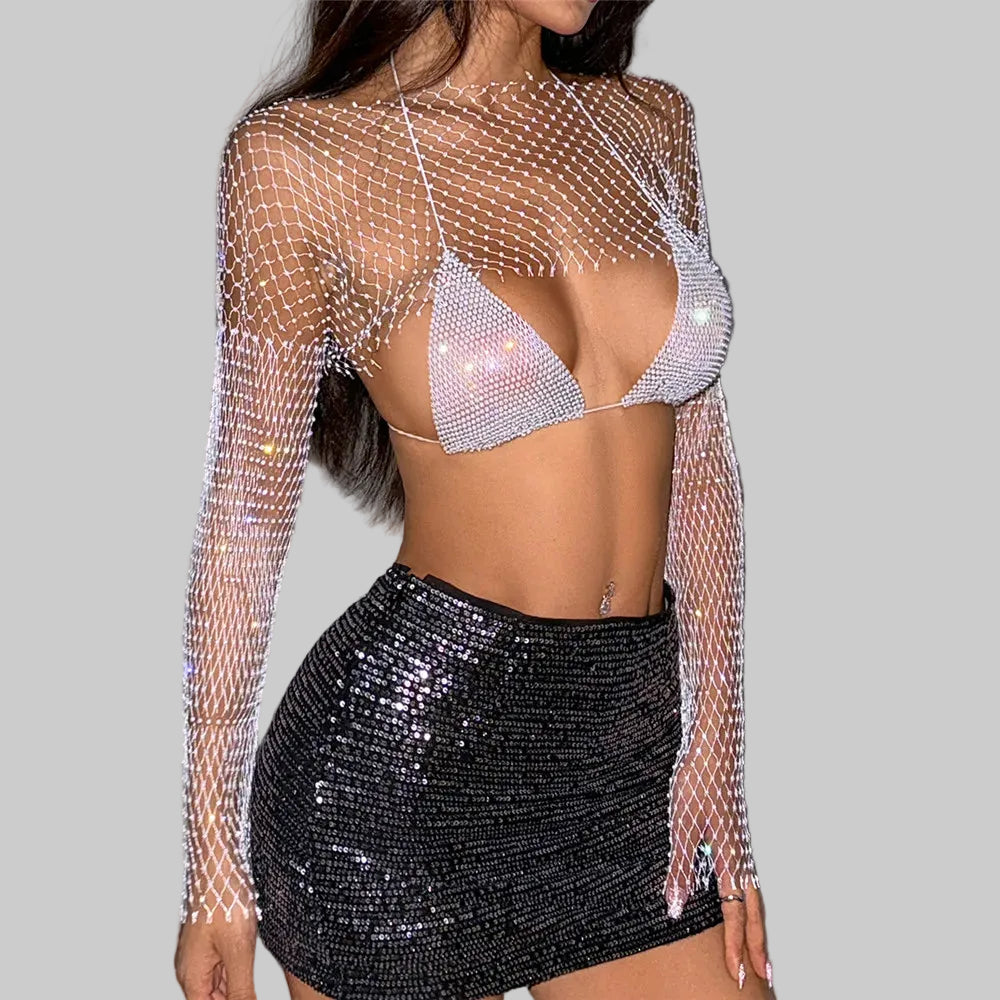 Rhinestone Fishnet Two-Piece Set - Sheer Long Sleeve Top & Bra Cover Up