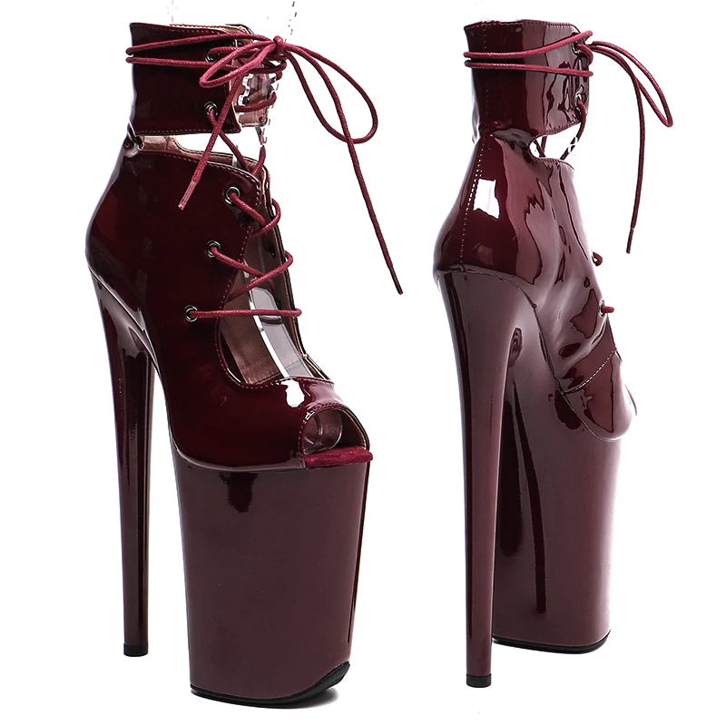 23CM Platform Pole Dance Ankle Boots - Patent Open Toe High Heel Performance Boots