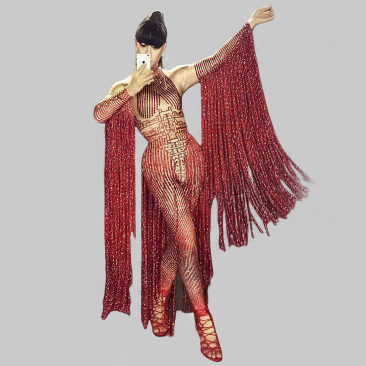 Red Fringe Rhinestone Jumpsuit - Long Sleeve Stretch Leotard for Pole Dance & Stage